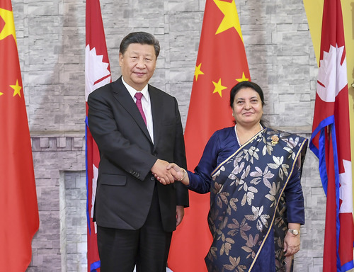Chinese President Xi Jinping meets with Nepali President Bidya Devi Bhandari in Kathmandu, Nepal, Oct. 12, 2019. (Xinhua/Xie Huanchi)